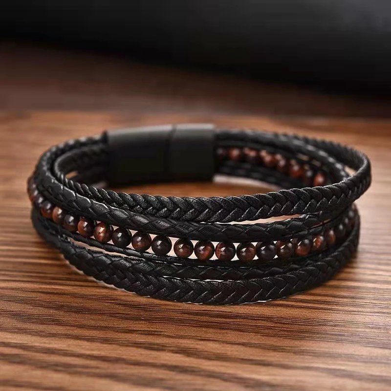 Volcanic Rock Men's Leather Cord Bracelet