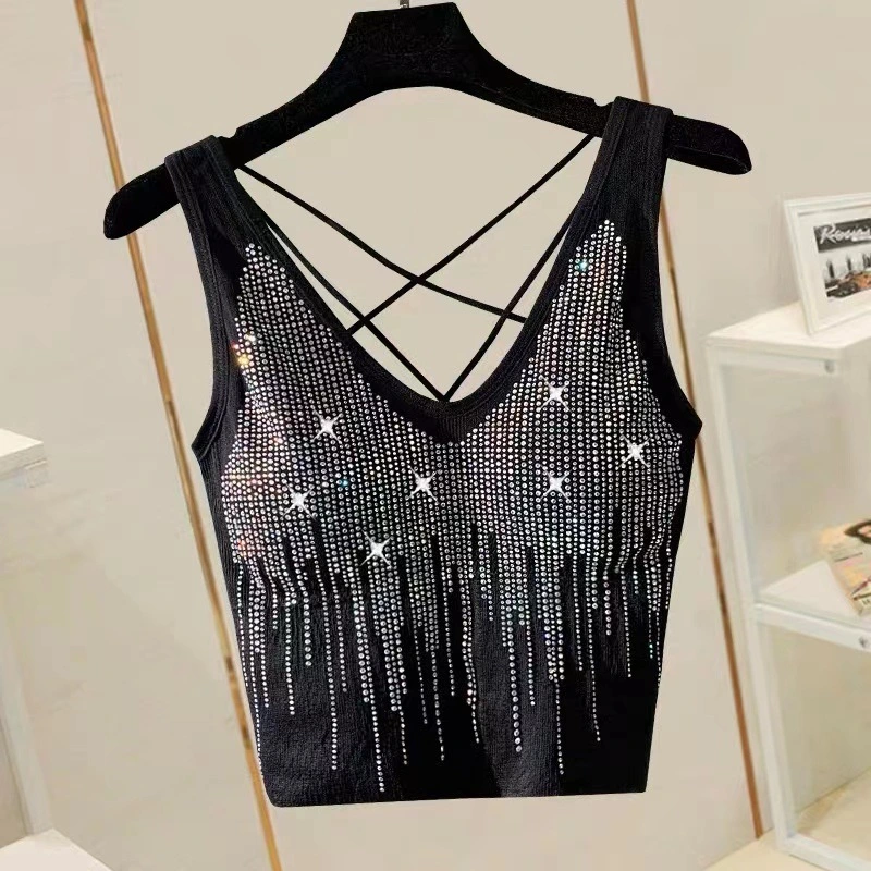 Vertical Waterfall Hot Drilling Shiny Design Back Cross Short Strap Tube Top