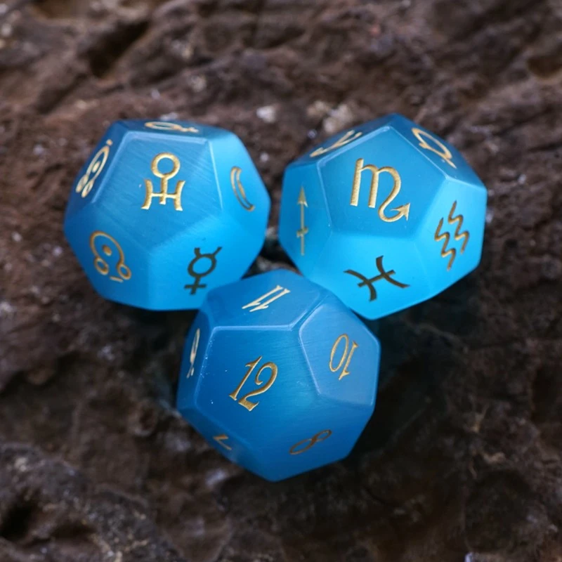 Aqua Blue Cat's Eye Stone Astrological Dice Set Of 3 Planets