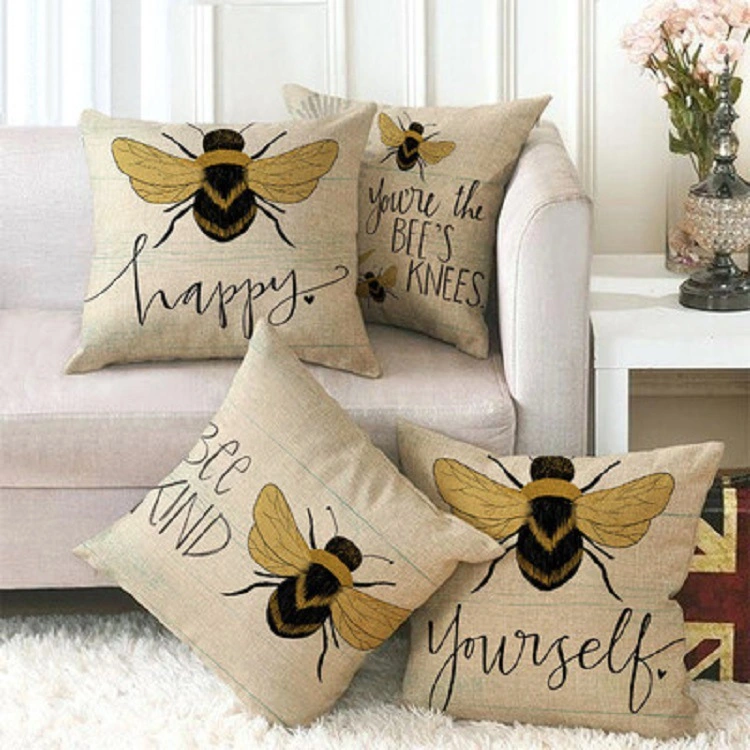 Household Little Bee Pattern Printed Linen Pillow Cover