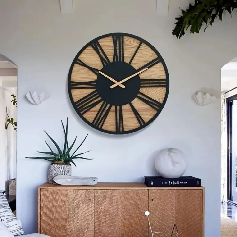 Creative Retro Wood Living Room Noiseless Hanging Clock