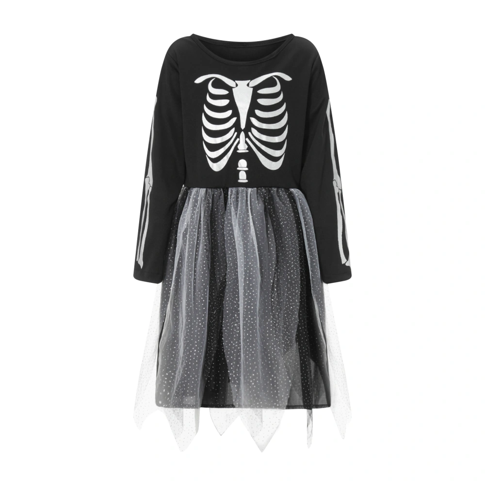 Girls Halloween Long Sleeve Role Play Skeleton Dress with Headgear