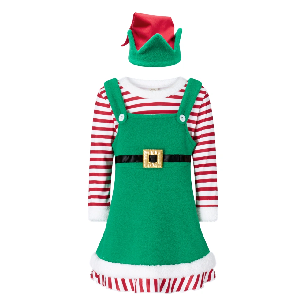 Girl Elf Outfits Christmas Hat Fuzzy Trim Striped Tops and Dress