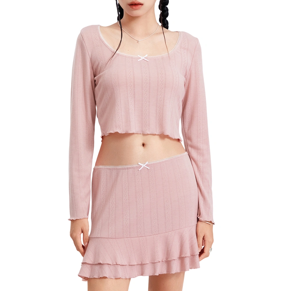 Women Skirt Set, Long Sleeve U-neck Crop Top with Low Waist Mini Skirt