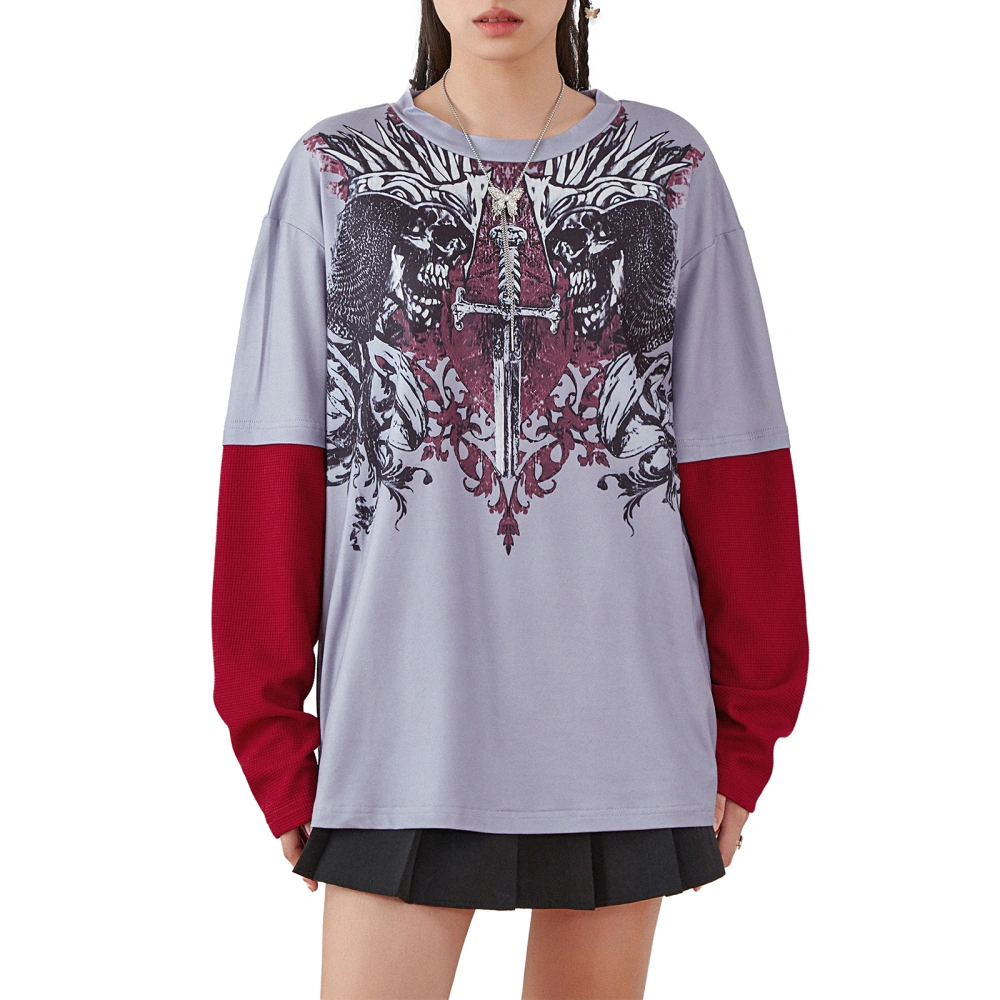 Women T-shirt, Long Sleeve Skull Sword Print Patchwork Fall Tops