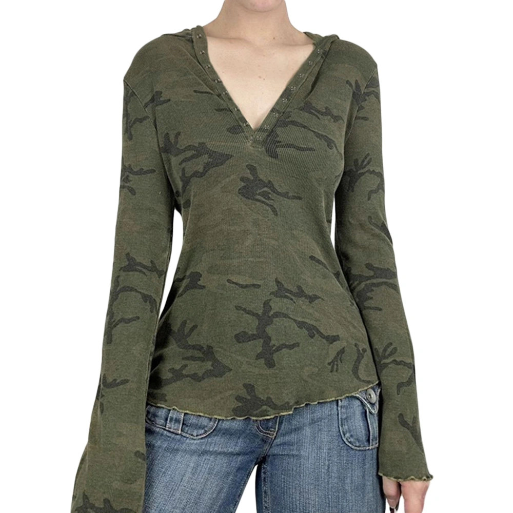 Women T-shirt Long Sleeve Hooded Camouflage Ladies Fall Tops