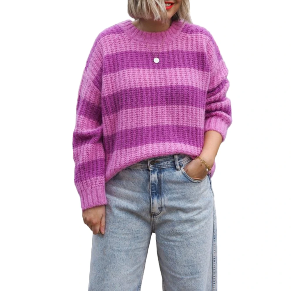 Women Striped Sweaters Casual Loose Warm Pullover Basic Knitwear 