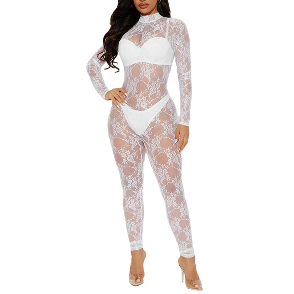 Women Lace Lingerie Jumpsuit, Long Sleeve Mesh Sheer Bodysuit