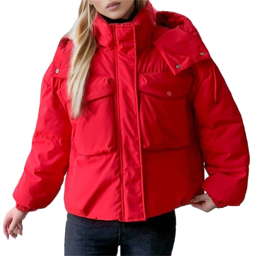 Women's Solid Color Long Sleeve Hooded Puffer Coat with 2 Pockets