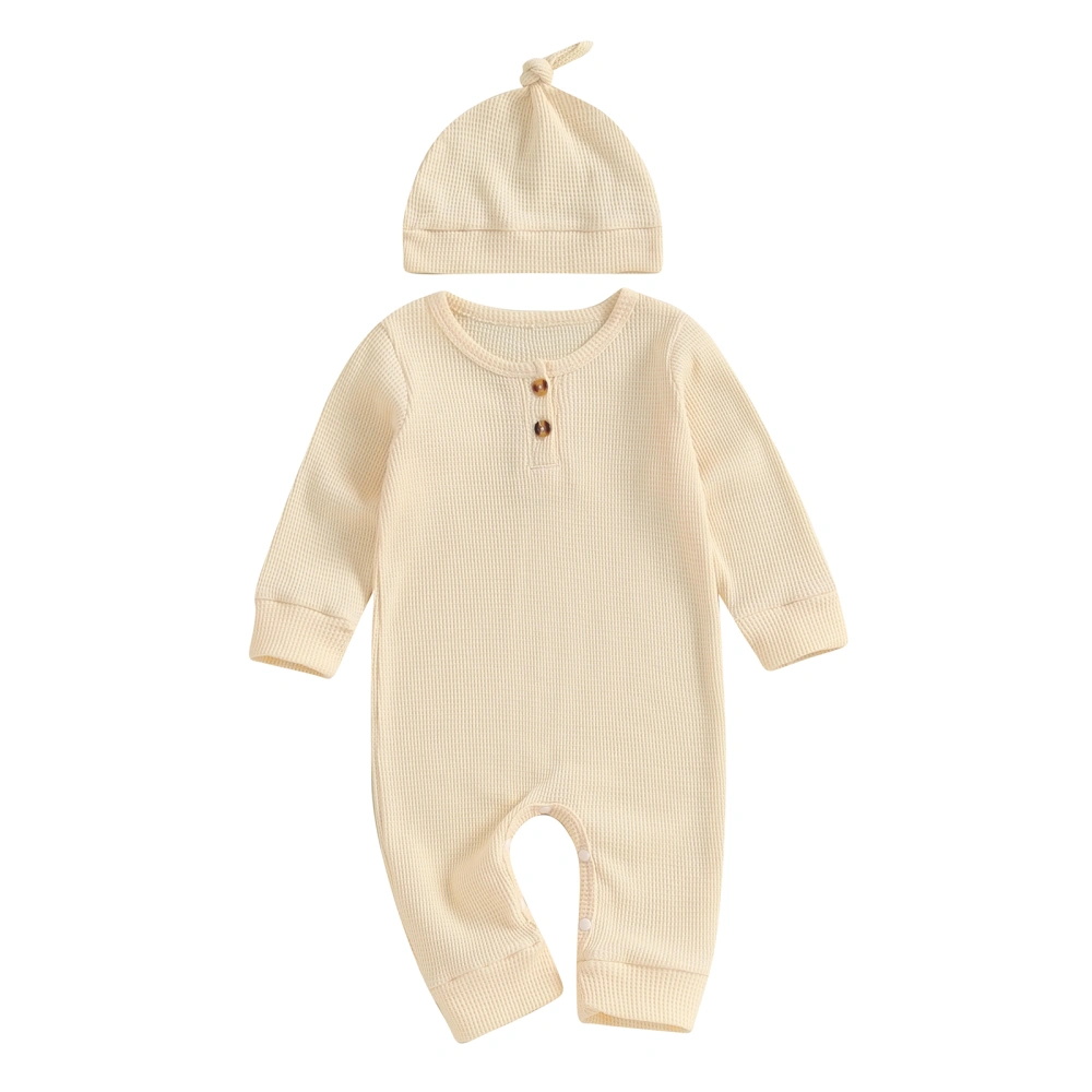 Baby Solid Color Long Sleeve Crewneck Button Jumpsuit with Hat