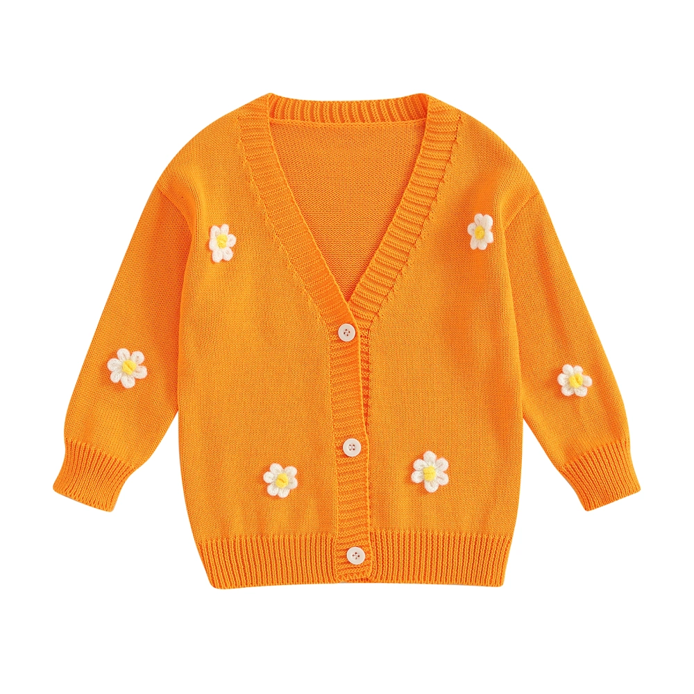 Girls Long Sleeve V Neck Flower Embroidery Button Up Knit Cardigan