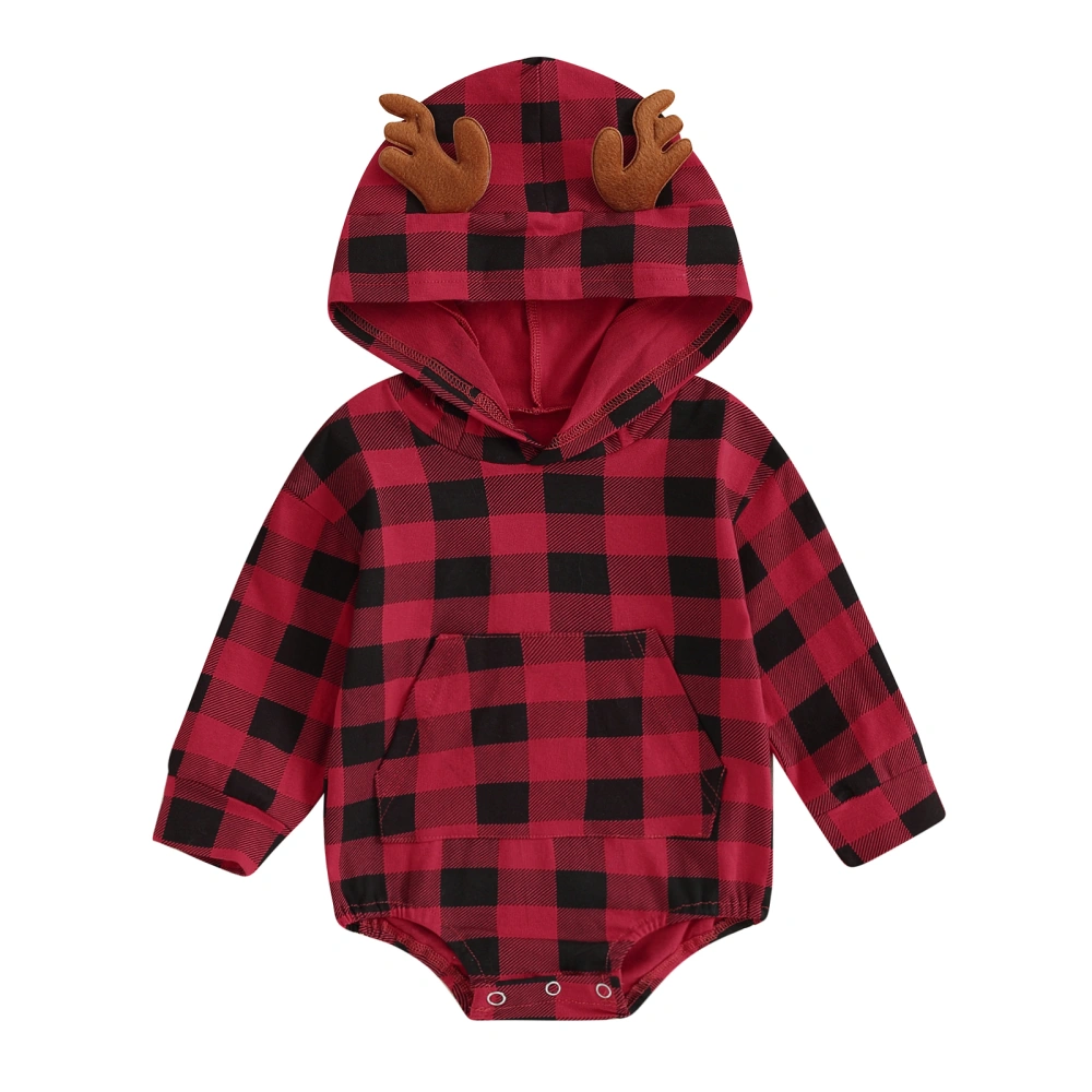 Baby Girls Christmas Red Long Sleeve Antle Hooded Plaid Romper