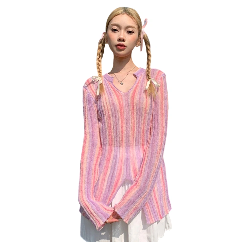 Women Long Sleeve Knit Tops Vertical Stripe Print Basic Cover up Shirt