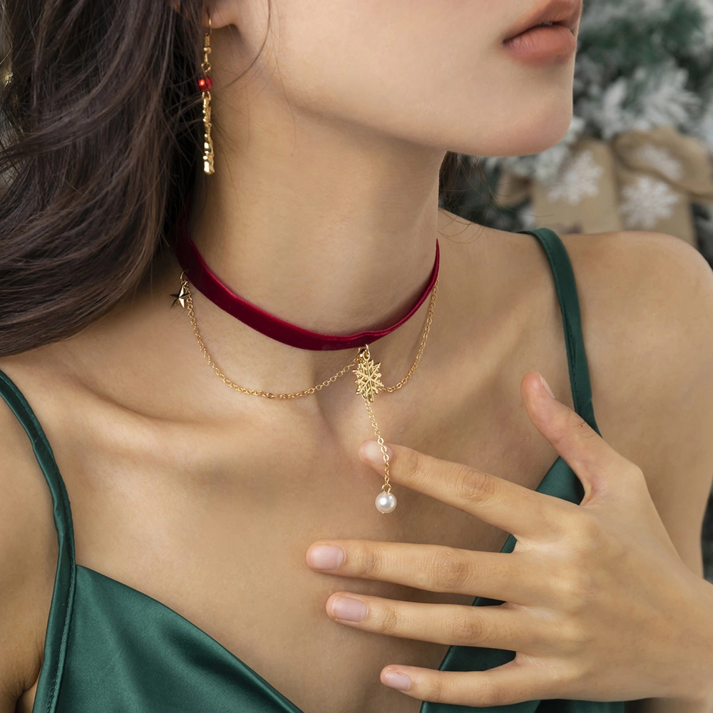 Women Christmas Velvet Necklace Snowflakes Pearls Choker Necklace