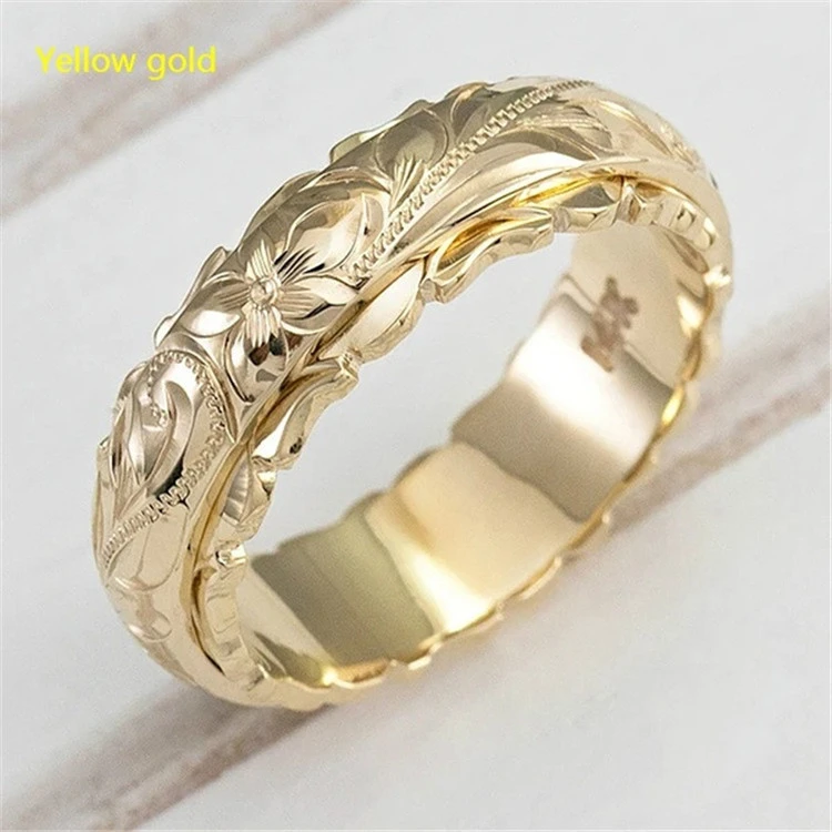 Classic Elegant Womens 14k Gold Plated Ring Engraved Flower Ring Anniversary Gifts Bride Wedding Engagement Rings Size 5-11