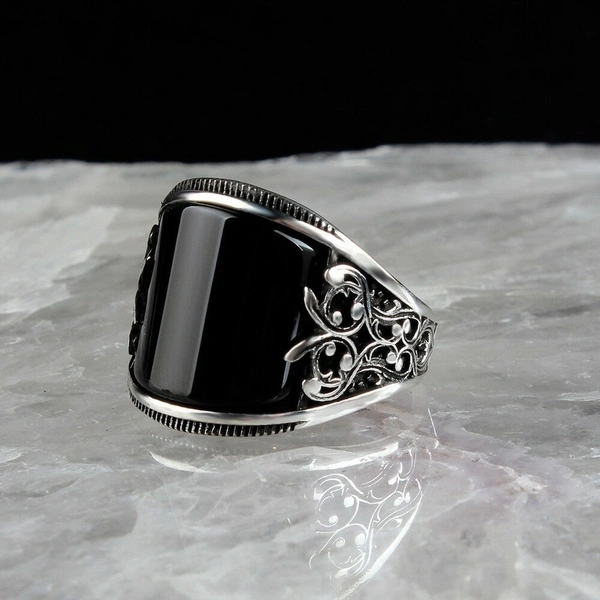 Men's fashion European and American retro silver-plated punk relief totem ring natural gemstone obsidian ring noble gentleman style engagement wedding banquet accessories boyfriend birthday father's day gift jewelry ring of power