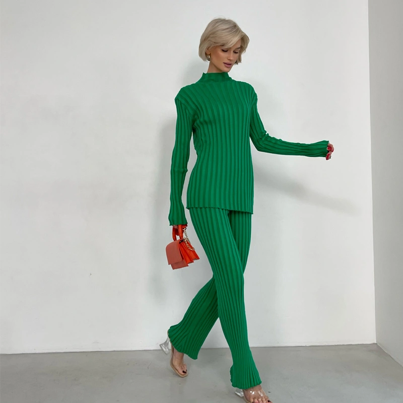 Sunken Stripe Knitted Two-piece Bell-bottom Pants Sweater Suit