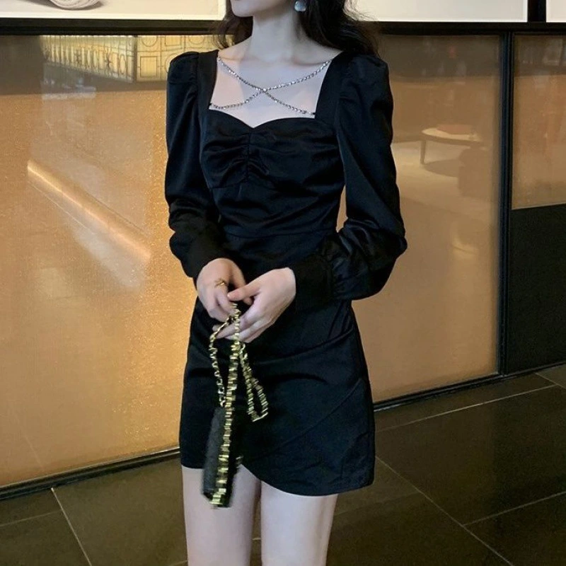 Waist Slimming Dignified Sense Of Design French Collar Long Sleeve Style Black Dress
