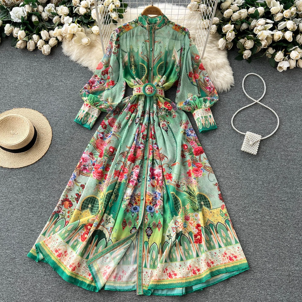 Women's Fashionable Retro Stand Collar Temperament Shirt Lantern Sleeve Dress