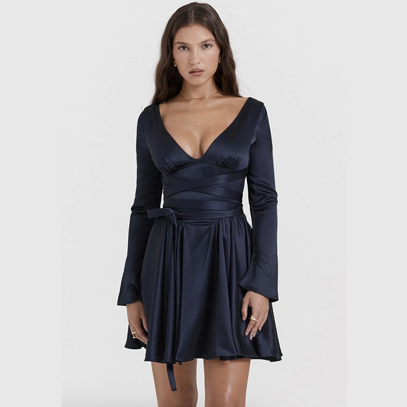 European And American Style Autumn And Winter Fashion V-neck Sexy Backless Lace Up Waist-tight Dress