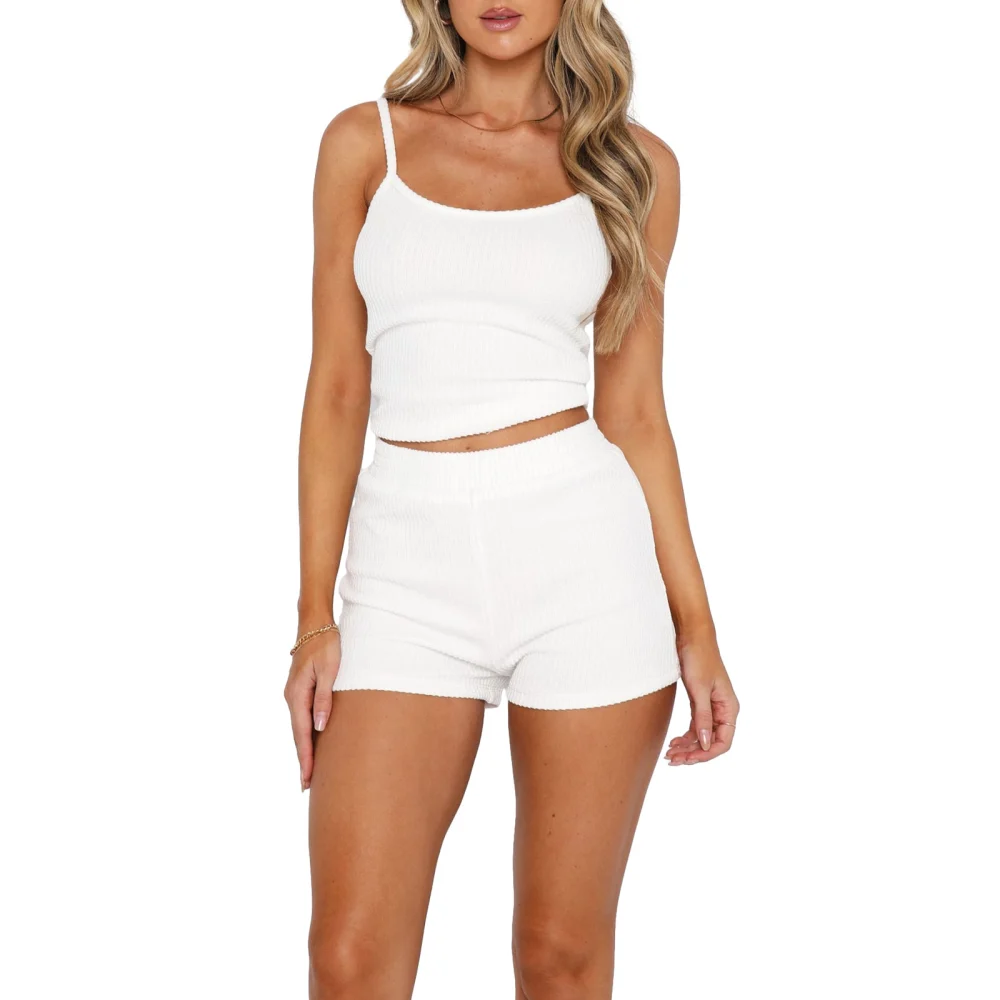 Women 2 Piece Outfits Solid Color Backless Camisole and Elastic Shorts