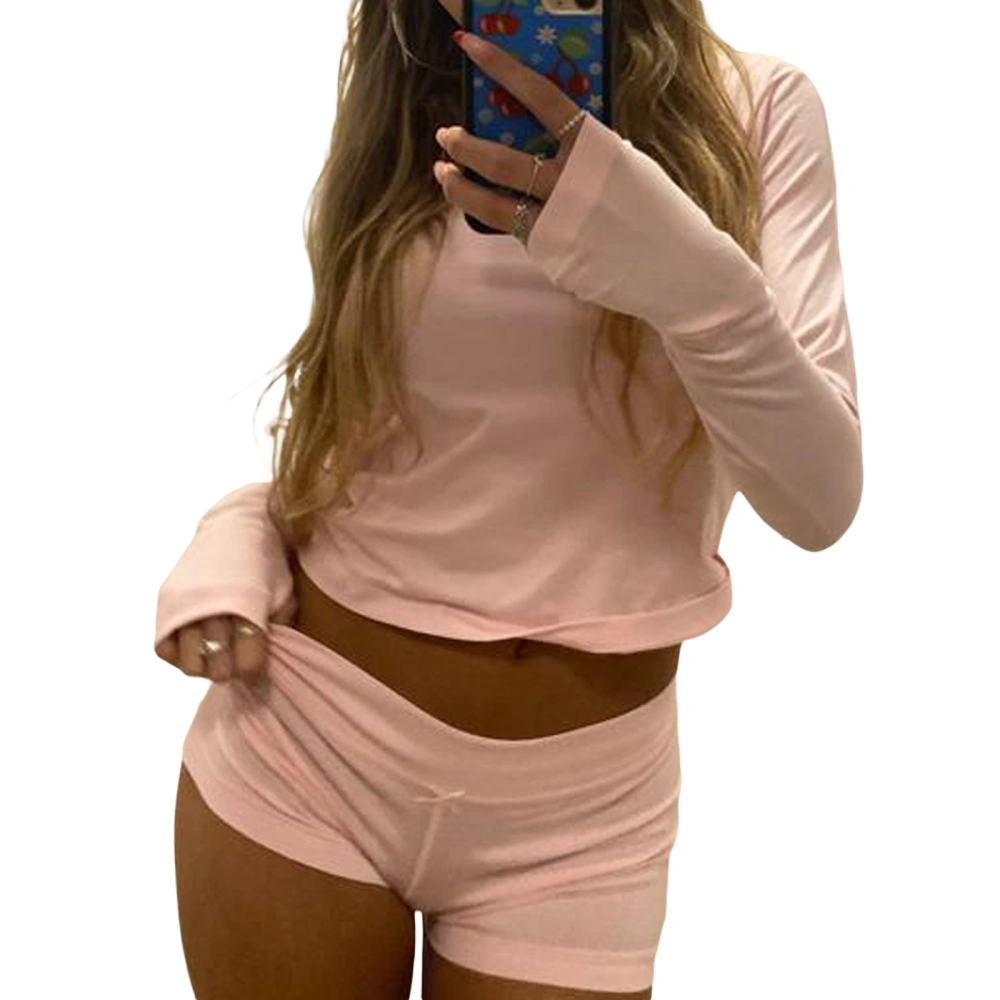 Women's Long Sleeve Crewneck Tops Solid Color/Floral Shorts Sleepwear