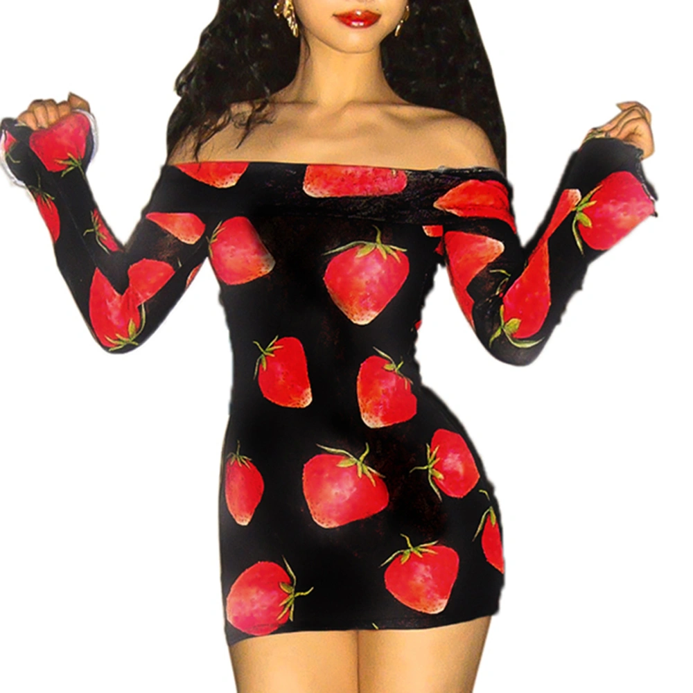 Women Bodycon Dress Off-shoulder Strawberry Print Mini Dress