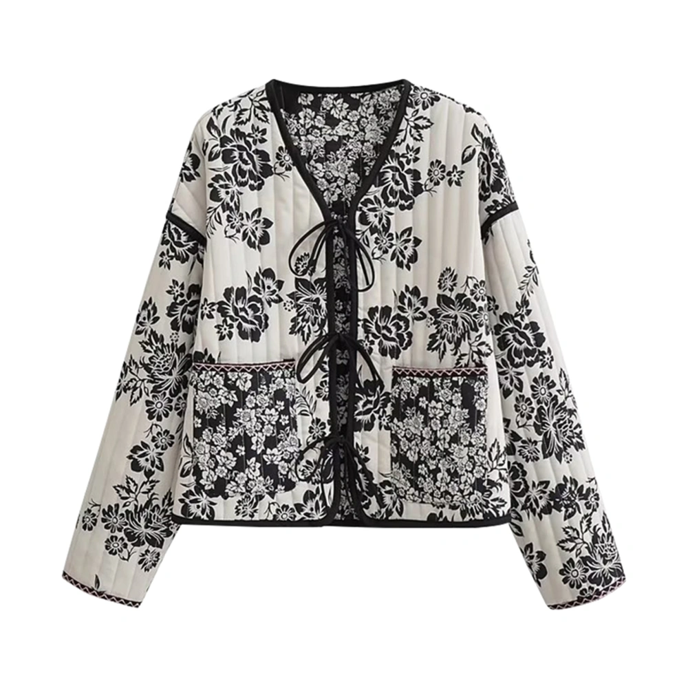 Women Casual Jacket, Long Sleeve Tie-up Double Side Flower Jacket