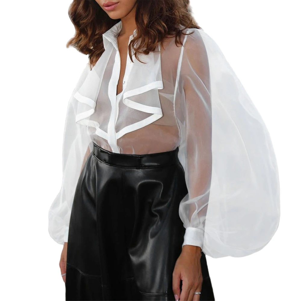 Women's Mesh Sheer Bodysuit Long Puff Sleeve Lapel Ruffled Shirt