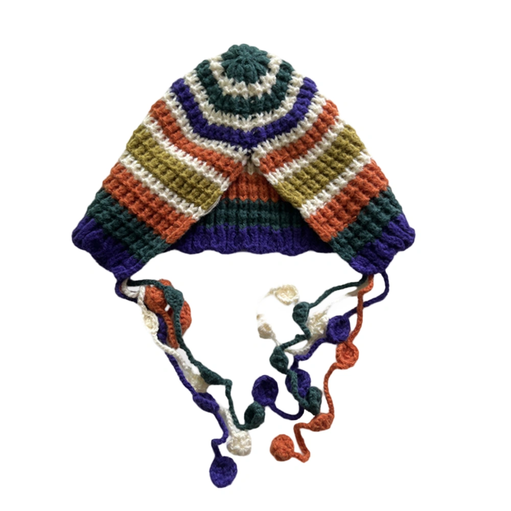 Women Winter Hat Rainbow Stripe Knitted Beanies with Ear Flaps 