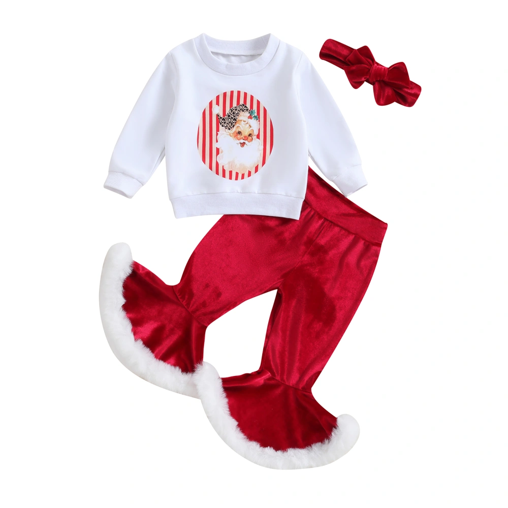 Girls Long Sleeve Santa Claus Print Tops Red Flared Pants Headband Set