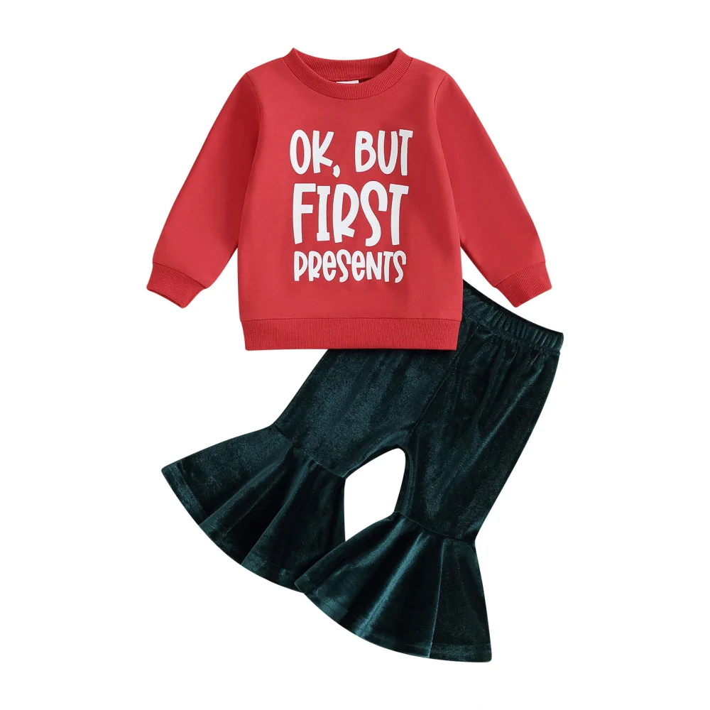 Girls Christmas Long Sleeve Letter Print Sweatshirt Flared Pants Sets