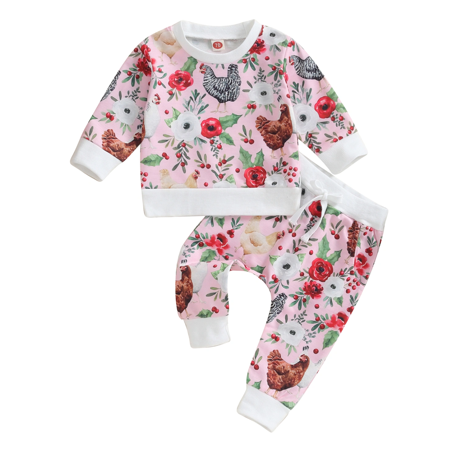 Baby Girl 2Pcs Christmas Outfits Floral Chicken Print Sweatshirt+Pants
