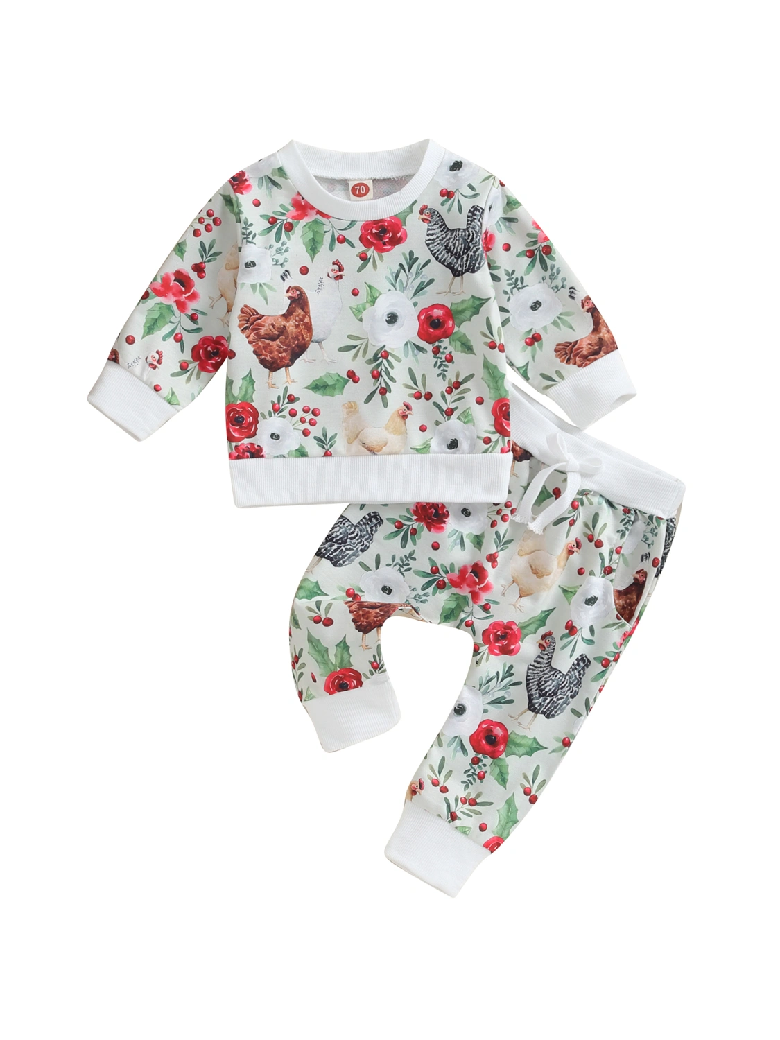 Baby Girl 2Pcs Christmas Outfits Floral Chicken Print Sweatshirt+Pants