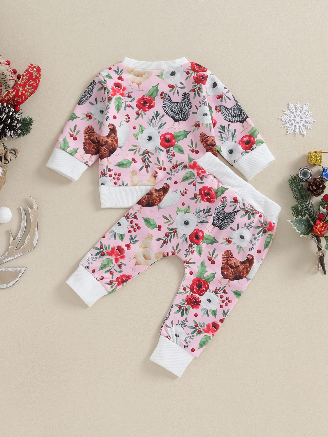 Baby Girl 2Pcs Christmas Outfits Floral Chicken Print Sweatshirt+Pants