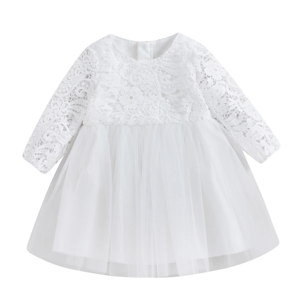 Girl Floral Embroidery Long Sleeve Round Neck Tulle Princess Dress 