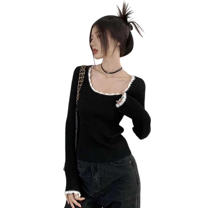 Women Knit T-shirt, Long Sleeve Crew Neck Patchwork Ribbed Sweater