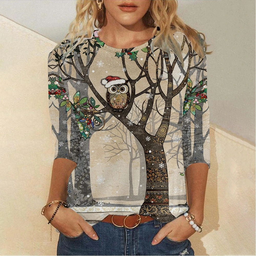Women's Christmas Element Digital Print Long Sleeve T-Shirt