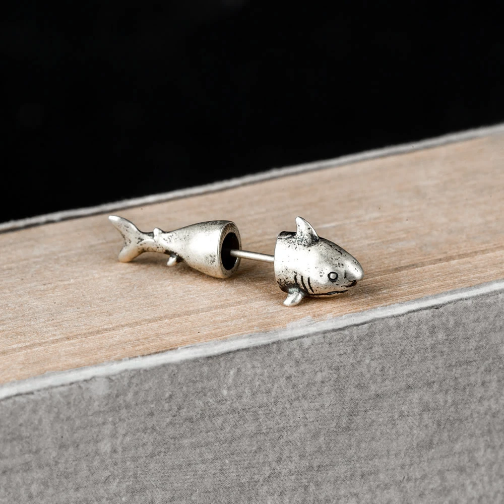 S925 Sterling Silver Shark Stud Earrings Retro Ornament