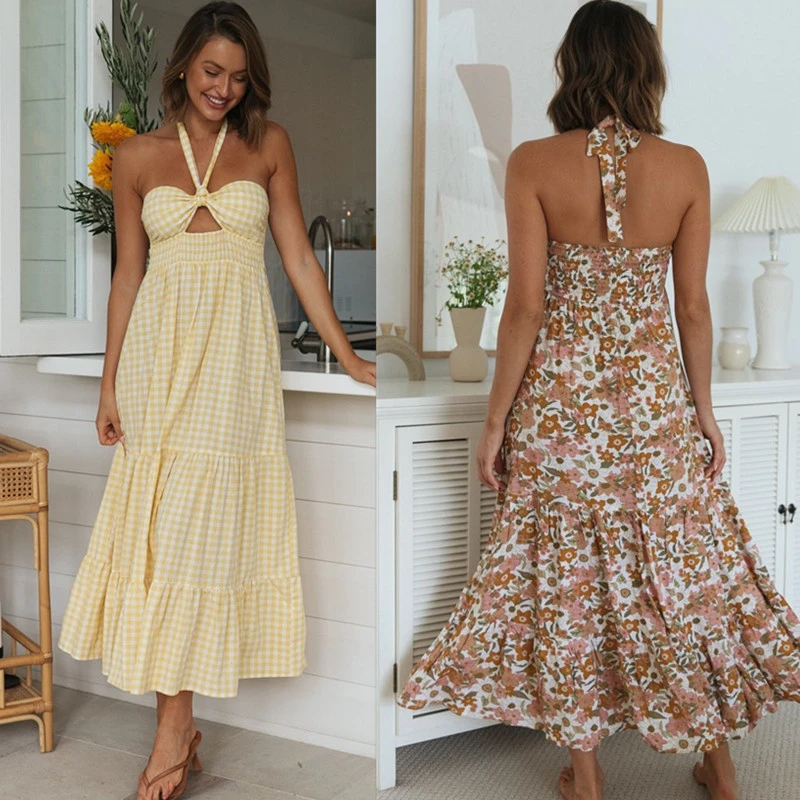 Women's New Hanging Neck Open Back Print Large Swing Long Dress