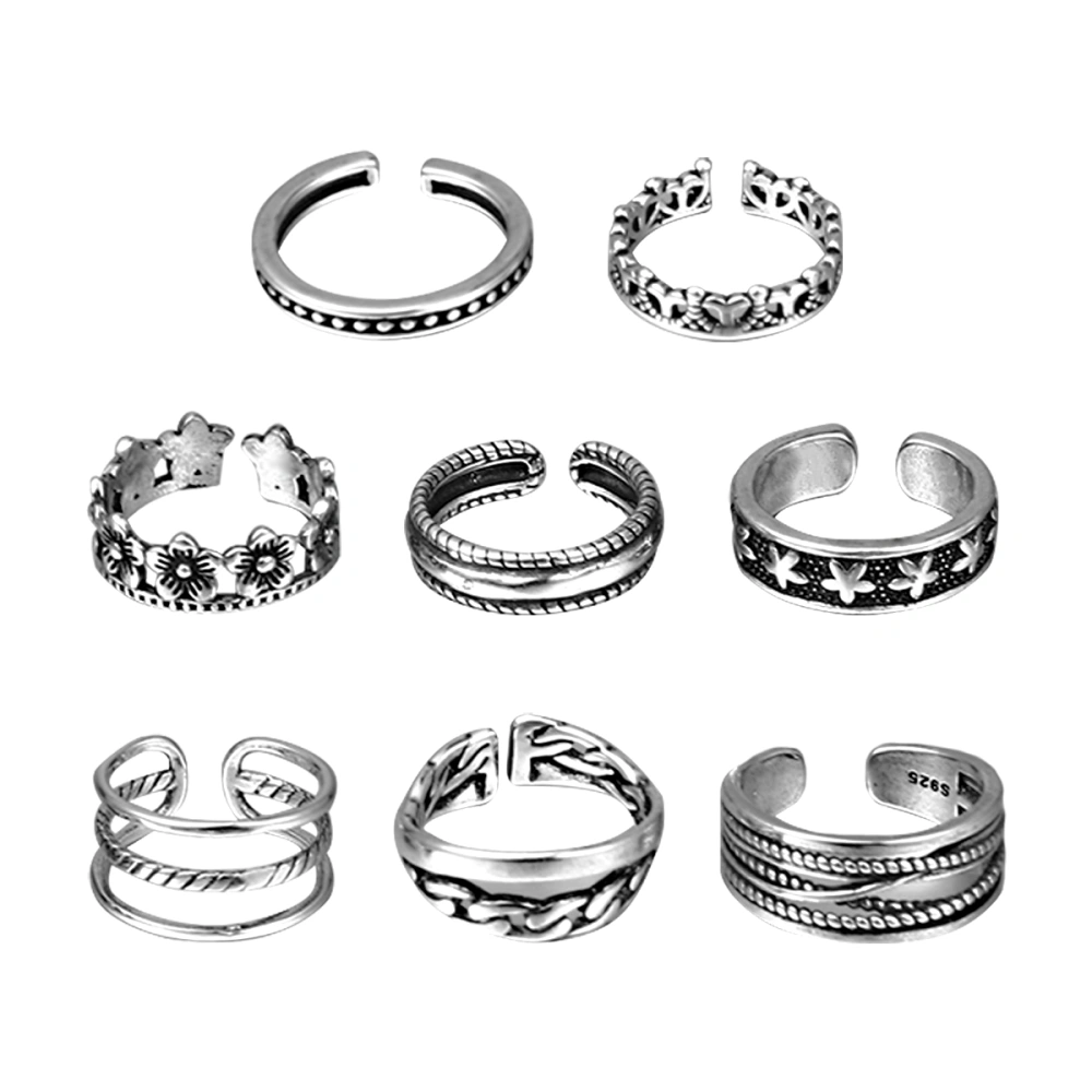 8pcs Opening Foot Rings Thai Silver Foot Ring Retro Toe Ring Beach Summer for Women Silver