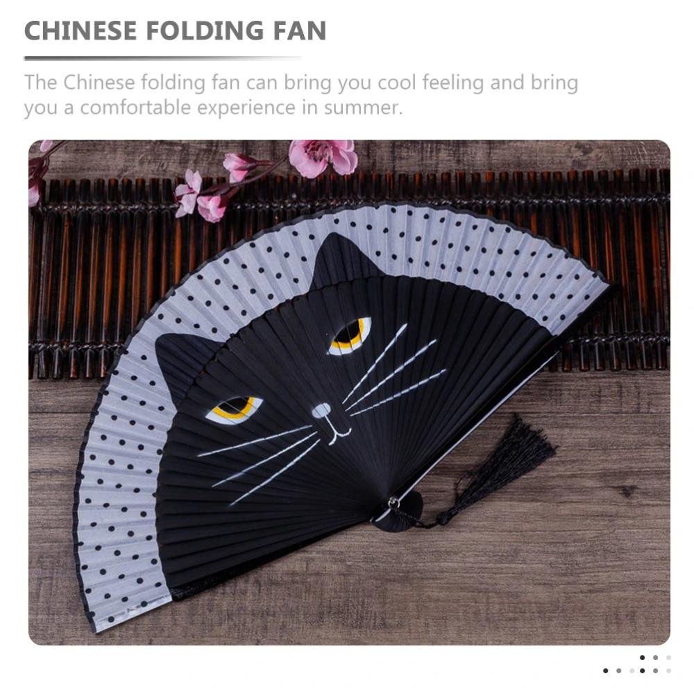 2Pcs Bamboo Folding Fan Chinese Style Handheld Cat Pattern Fan Dance Party Fan Prop