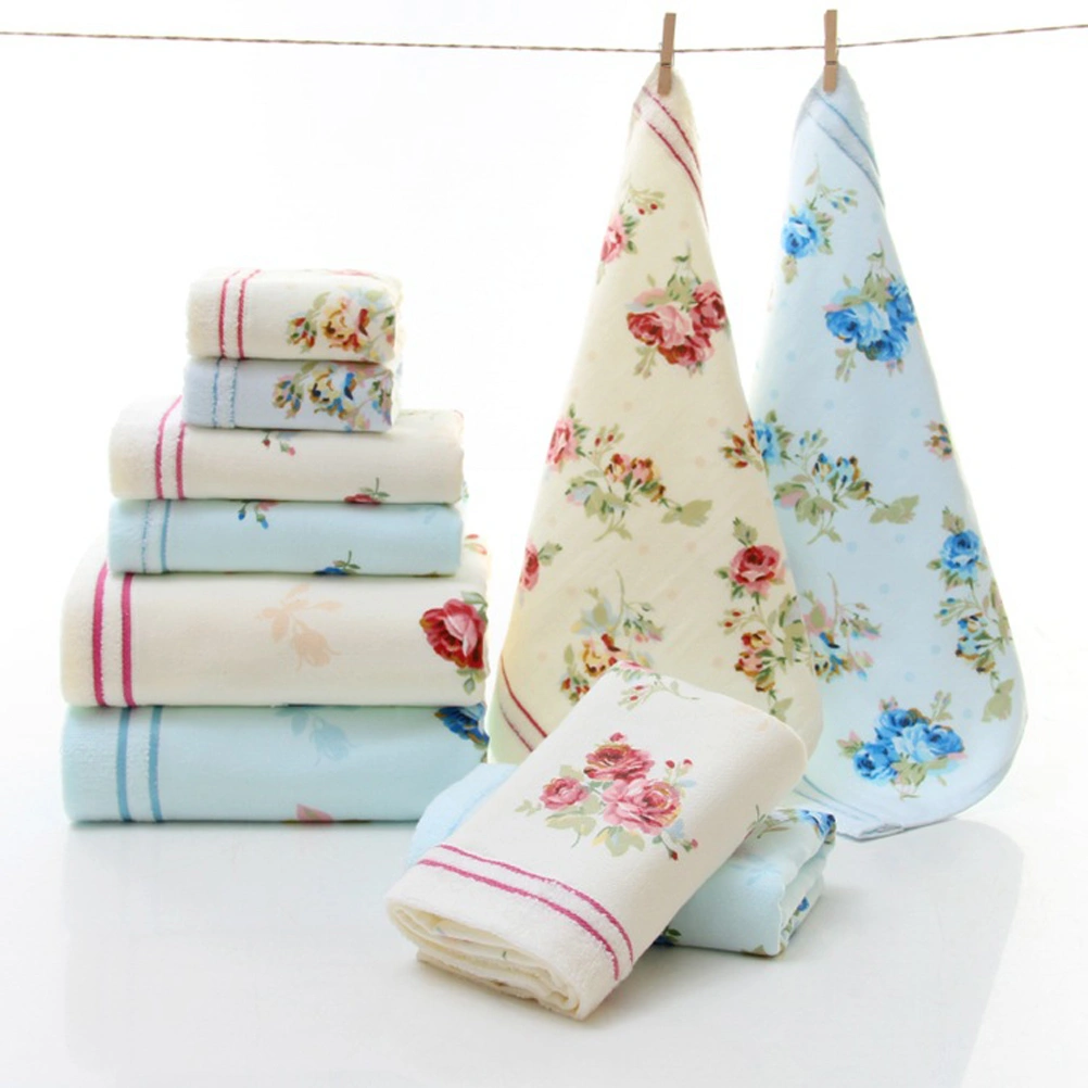 33x76cm Cotton Bath Towel Flower Printing Bathroom Home Hotel Beach Face Towel (Oyster White)