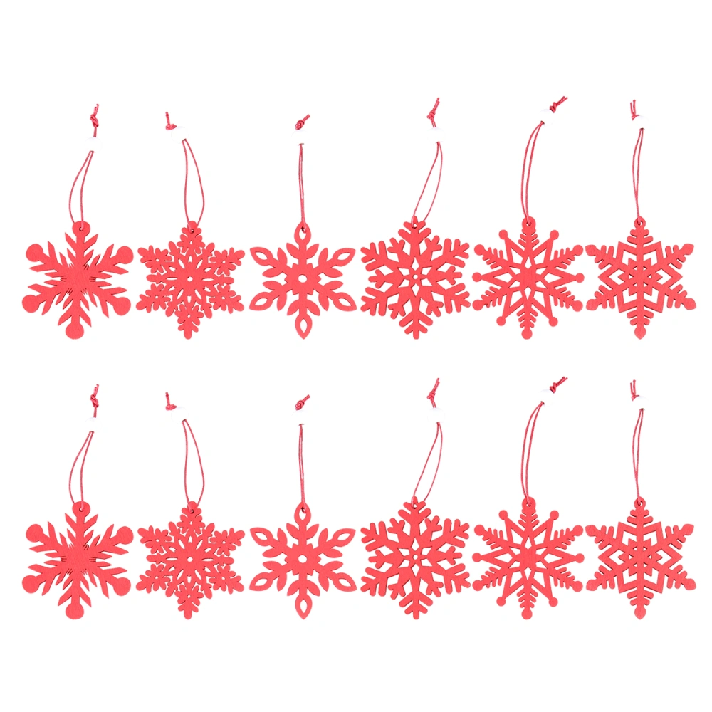 12Pcs Wooden Christmas Snowflake Pendants Delicate Charming Snowflake Slices Hanging Ornaments Xmas Hanging Decoration (Red)