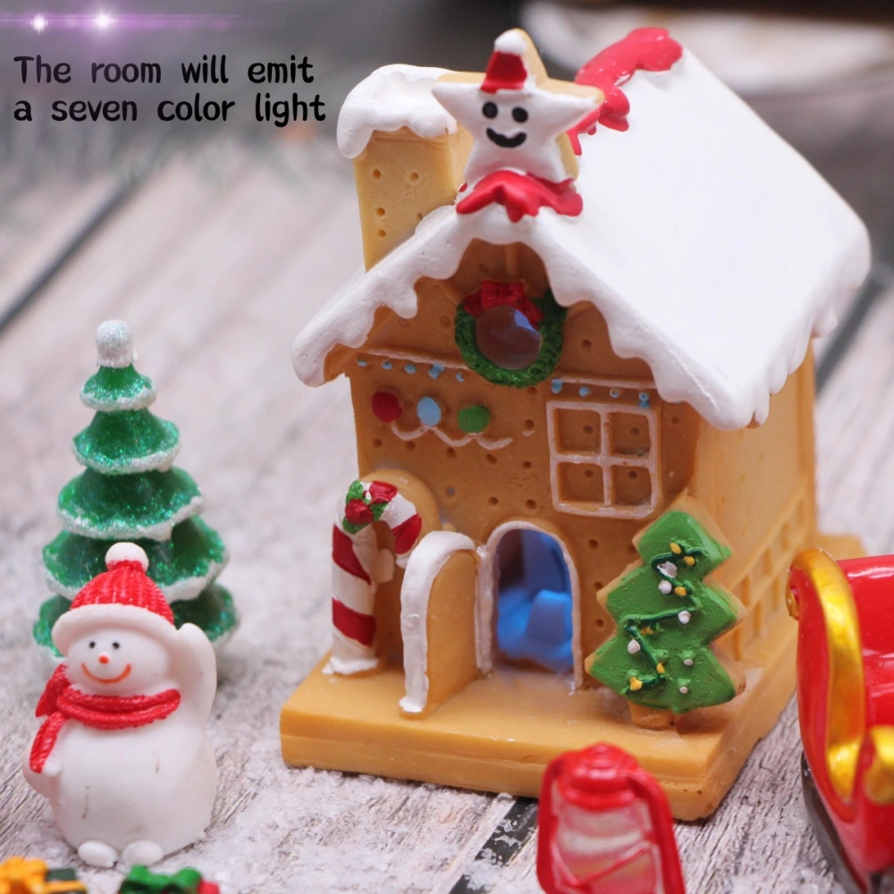 1 Set Mini House Snowman Figurines Christmas Scene Resin Tiny Tree Decoration