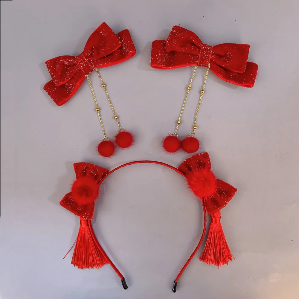 1 Set Chinese Style Furry Balls Bows Hair Clips Bow Headband Tassel Furry Balls Headband for Girl