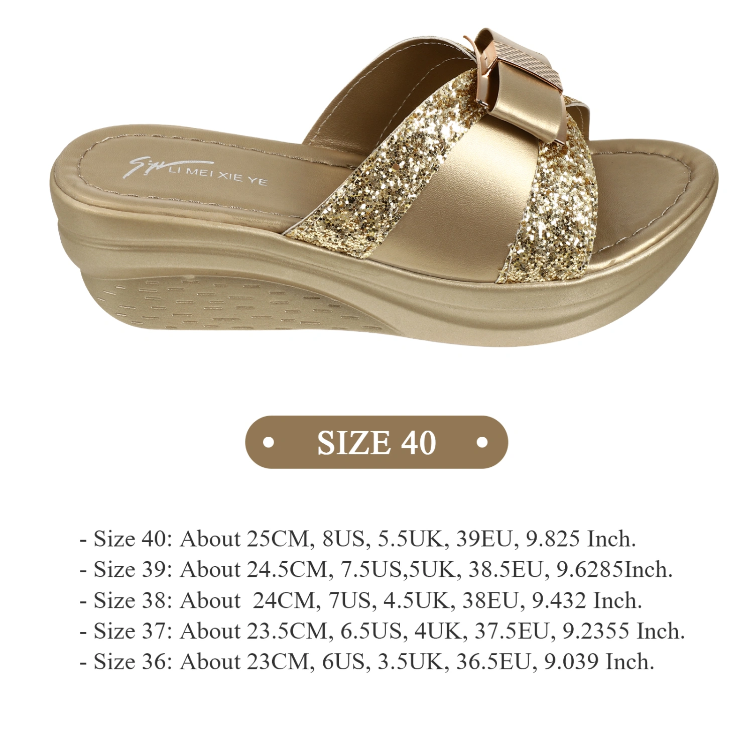 1 Pair Summer Thick Wedge Sole Slipper Sandals Flip-flops Bowknot with Sequins Decor Summer Casual Shoes for Women (Golden 39 24.5CM, 7.5US, 5UK, 38.5EU, 9.6285Inch)