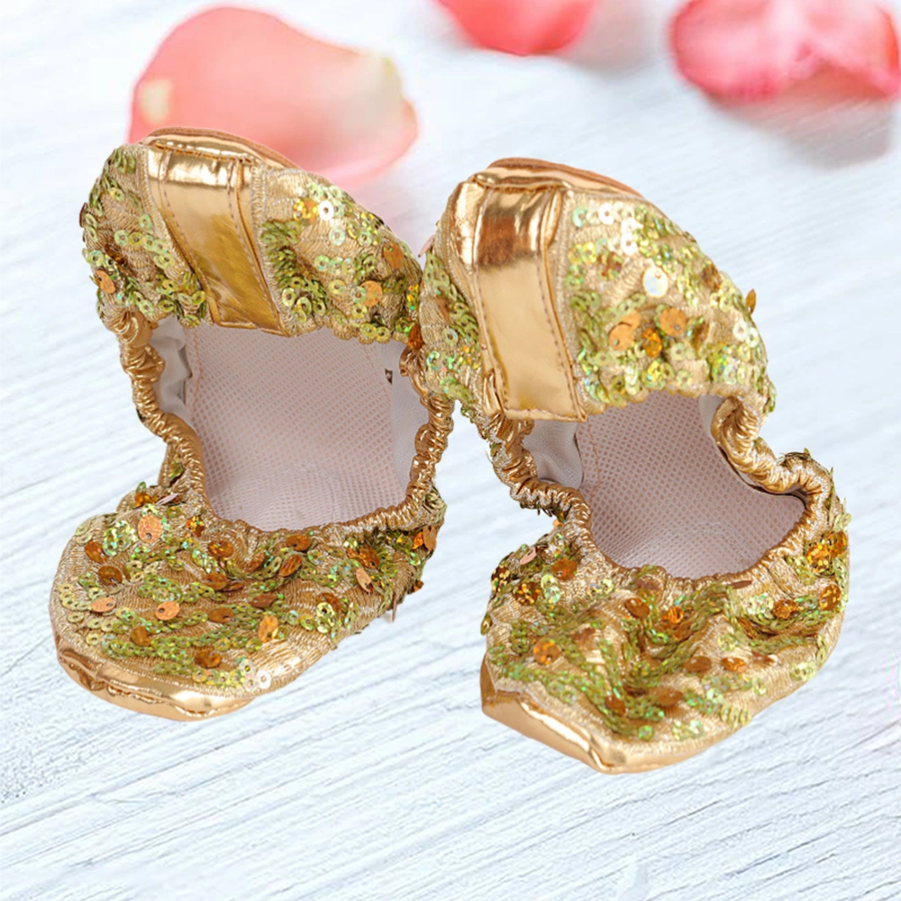 1 Pair of Anti-Slip Sequin Dancing Shoes Round Plate Latin Shoes Dancing Accessories Size S 34-35 Yards Golden