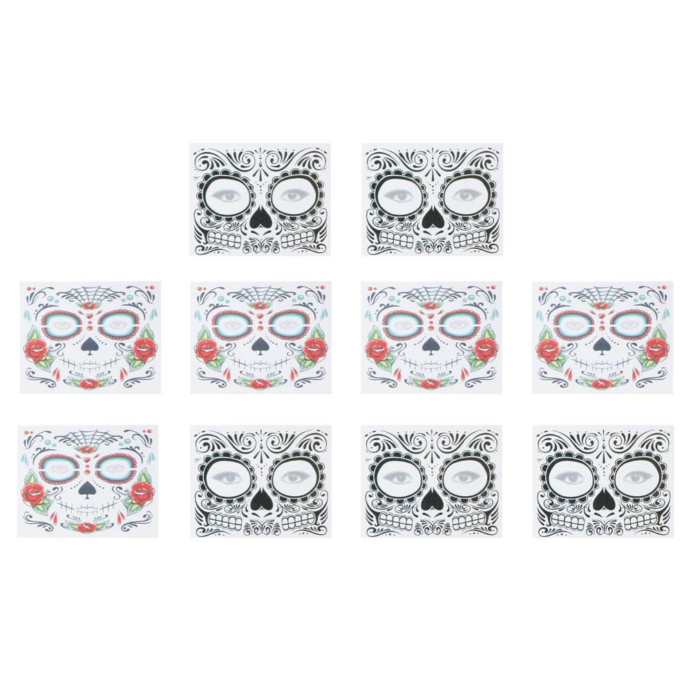 10 Sheets Skull Temporary Face Tattoos Face Stickers for Halloween Party