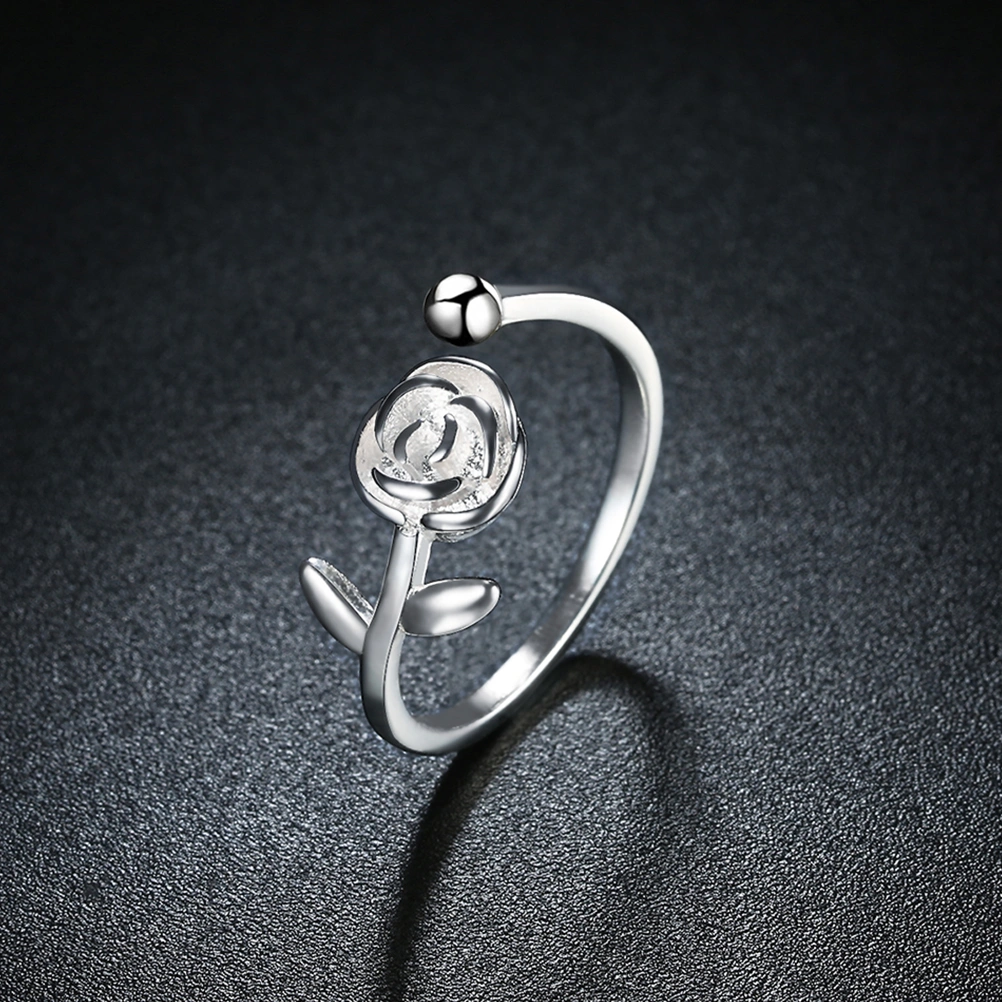 S925 Sterling Silver Open Ring Rose Flower Ring Opening Adjustable Engagement Ring for Women